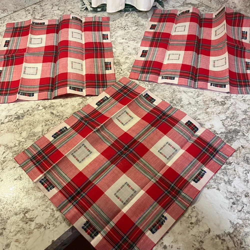 SCOTTISH TARTAN PLAID NAPKINS SET OF 3  RED WHITE GREEN BLUE SQUARE PATCH 12x12